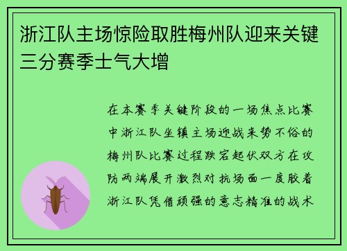 浙江队主场惊险取胜梅州队迎来关键三分赛季士气大增 浙江队主场惊险取胜梅州队迎来关键三分赛季士气大增