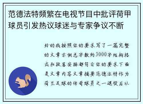 范德法特频繁在电视节目中批评荷甲球员引发热议球迷与专家争议不断