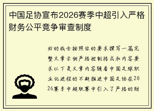 中国足协宣布2026赛季中超引入严格财务公平竞争审查制度 中国足协宣布2026赛季中超引入严格财务公平竞争审查制度