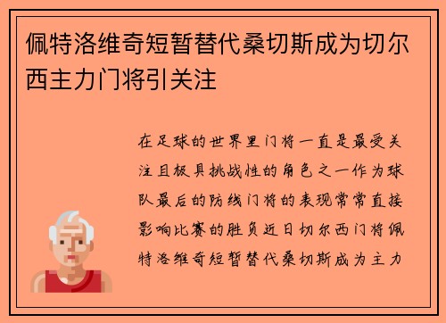 佩特洛维奇短暂替代桑切斯成为切尔西主力门将引关注